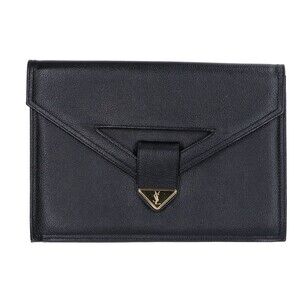 Yves Saint Laurent Vintage Logo Plate Leather Clutch Bag, Second Black Gold, ...